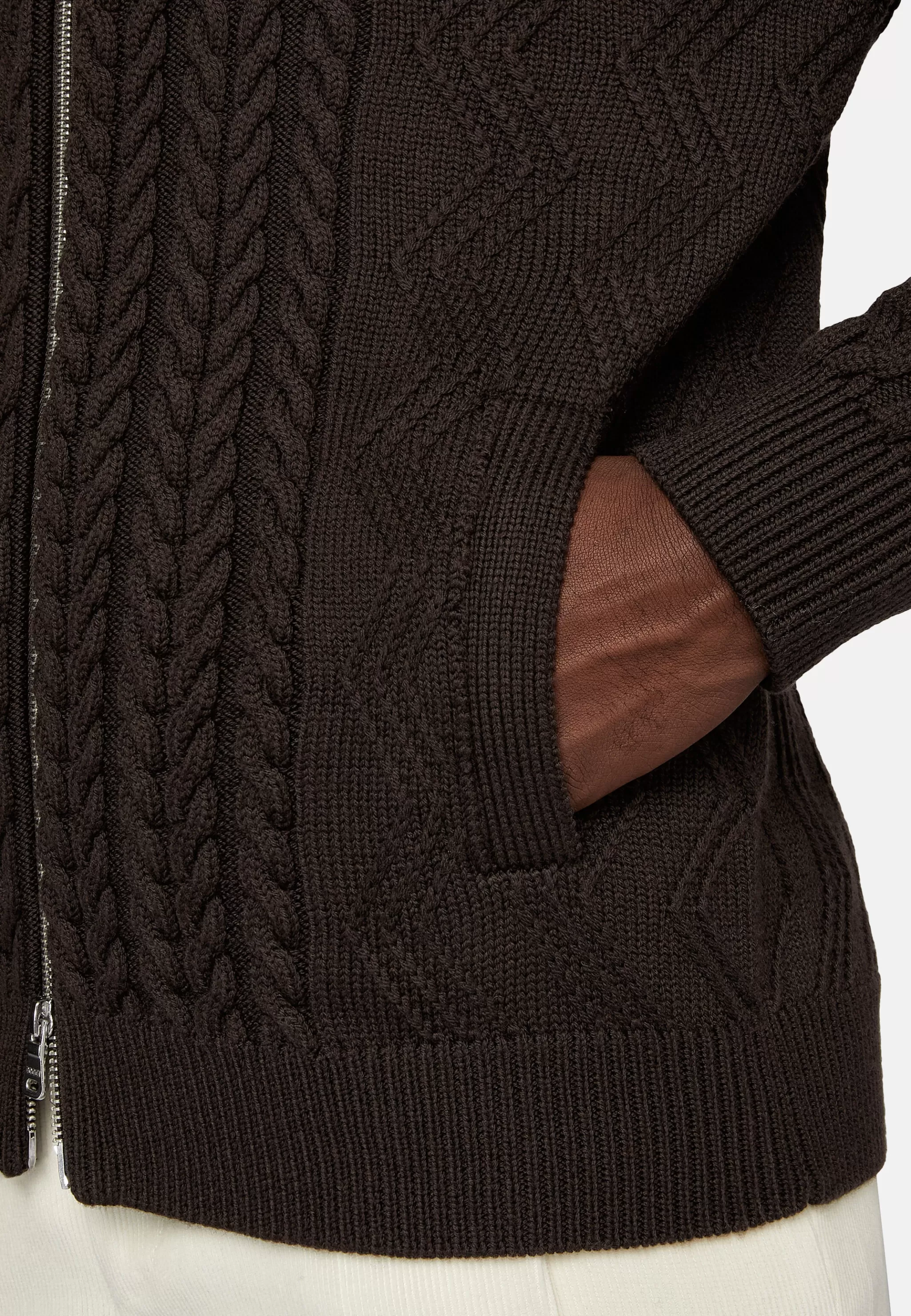 Boggi Milano Tricots*Pull Full Zip Marron Avec Mélange De Points En Laine Mérinos