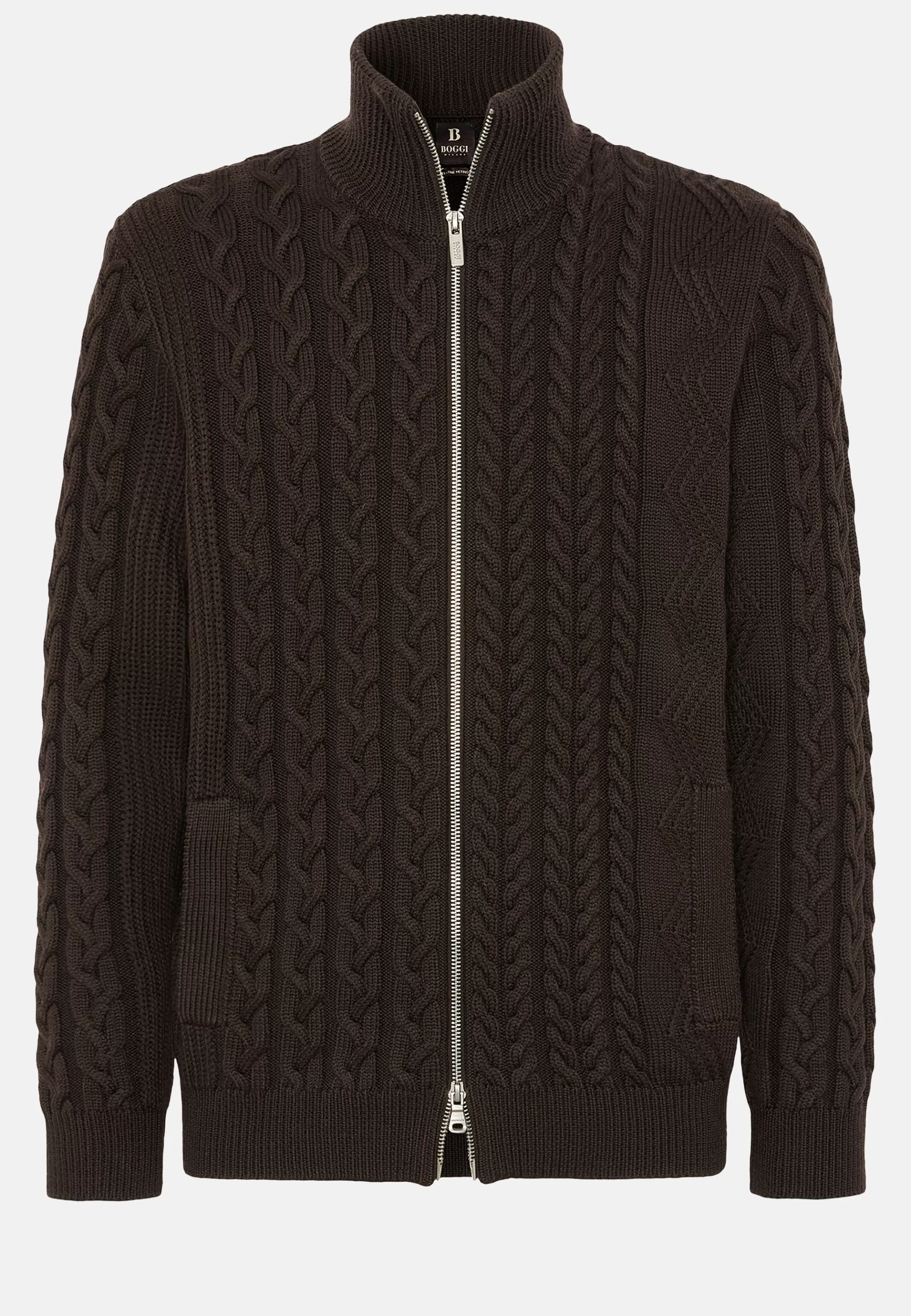 Boggi Milano Tricots*Pull Full Zip Marron Avec Mélange De Points En Laine Mérinos